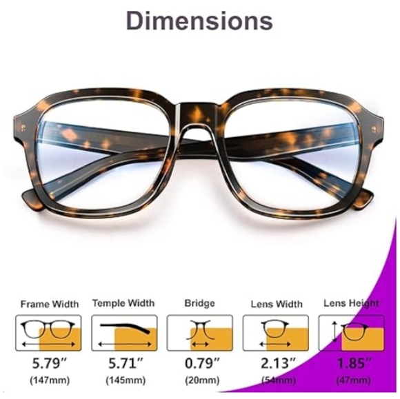 Oversized Square Blue Light Blocking Glasses Computer Tortoise Frame Eyeglasses - Picture 8 of 9